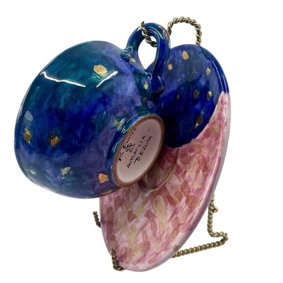 Rare Grazia Deruta Italy Hand Painted Pink & Blue Cup & Saucer Signed B. Piolo - Picture 2 of 13